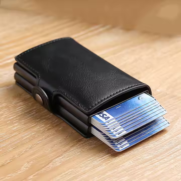 Billetera con Bloqueo RFID, Anti robo. Extracción Automática de Tarjetas, 2 Compartimientos. Capacidad para 14 Tarjetas
