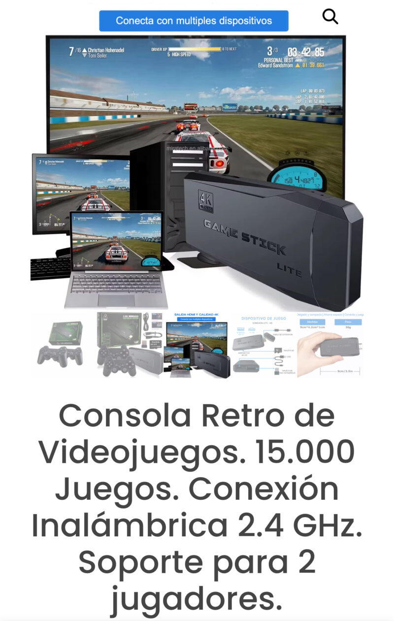 Consola Retro de Videojuegos. 15.000 Juegos. Conexión Inalámbrica 2.4 GHz. Soporte para 2 jugadores.