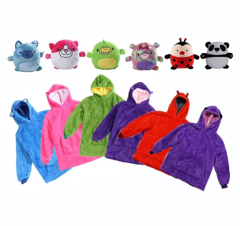 Hoodie y Peluche 2 en 1 para Niños - 6 Diseños Suaves y Adorables (Panda, Gatito, Perrito, Unicornio, Mariquita, Dinosaurio)