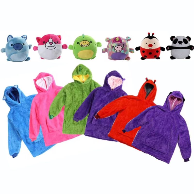 Hoodie y Peluche 2 en 1 para Niños - 6 Diseños Suaves y Adorables (Panda, Gatito, Perrito, Unicornio, Mariquita, Dinosaurio)
